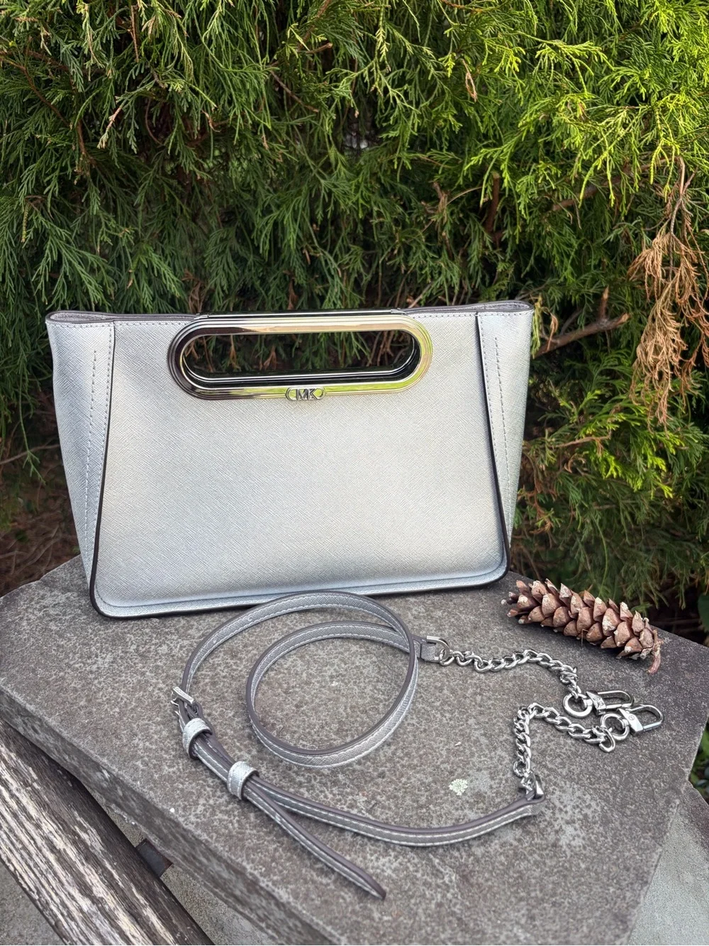 Michael Kors Silver Metallic Leather Cutout-Handle Crossbody Clutch